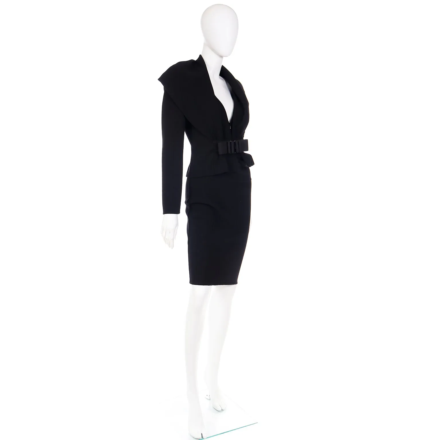 2000s Valentino Vintage Black 2 Piece Skirt & Jacket Suit W Unique Bow Buckle