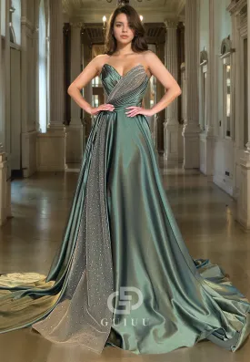 A-Line Strapless Sleeveless Pleated Glitter Tulle Long Prom Party Dress