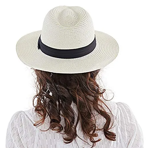 Anycosy Panama Straw Hat,Womens Sun Hats Summer Wide Brim Floppy Fedora Beach Cap UPF50 （A01-Beige）