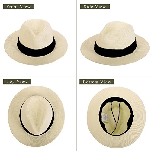 Anycosy Panama Straw Hat,Womens Sun Hats Summer Wide Brim Floppy Fedora Beach Cap UPF50 （A01-Beige）
