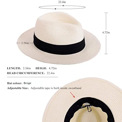 Anycosy Panama Straw Hat,Womens Sun Hats Summer Wide Brim Floppy Fedora Beach Cap UPF50 （A01-Beige）