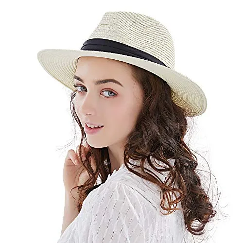 Anycosy Panama Straw Hat,Womens Sun Hats Summer Wide Brim Floppy Fedora Beach Cap UPF50 （A01-Beige）