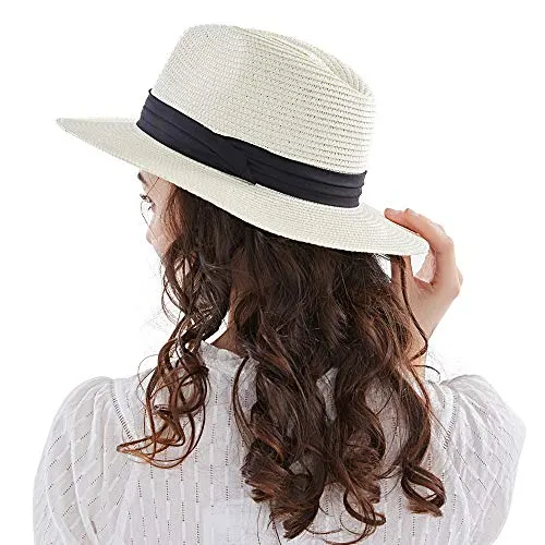 Anycosy Panama Straw Hat,Womens Sun Hats Summer Wide Brim Floppy Fedora Beach Cap UPF50 （A01-Beige）