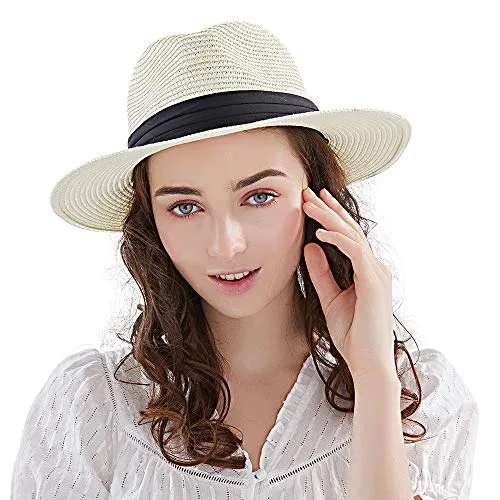 Anycosy Panama Straw Hat,Womens Sun Hats Summer Wide Brim Floppy Fedora Beach Cap UPF50 （A01-Beige）