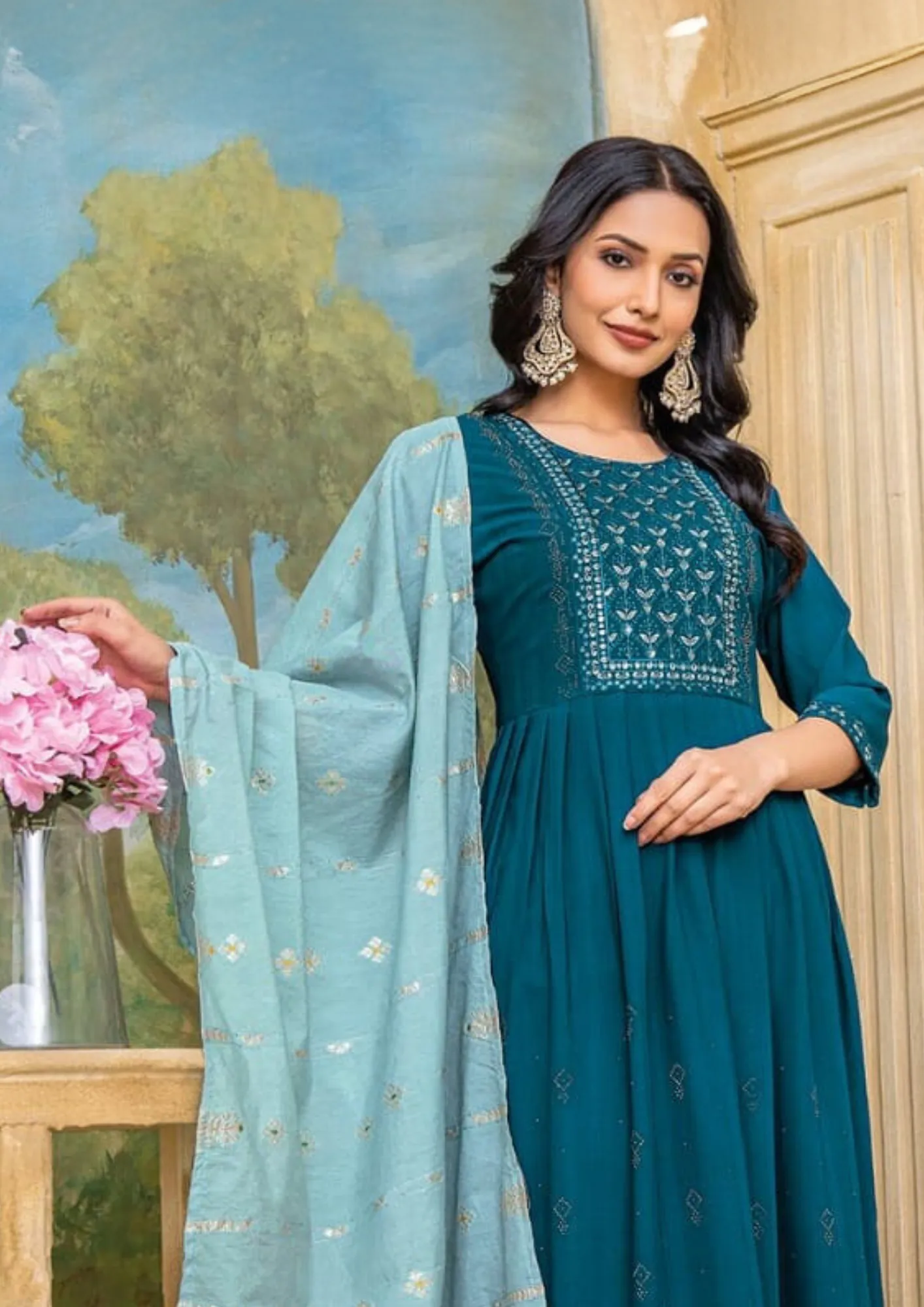 Appealing Teal Blue Color Nylon Viscose Kurti & Suits With Fancy Dupatta