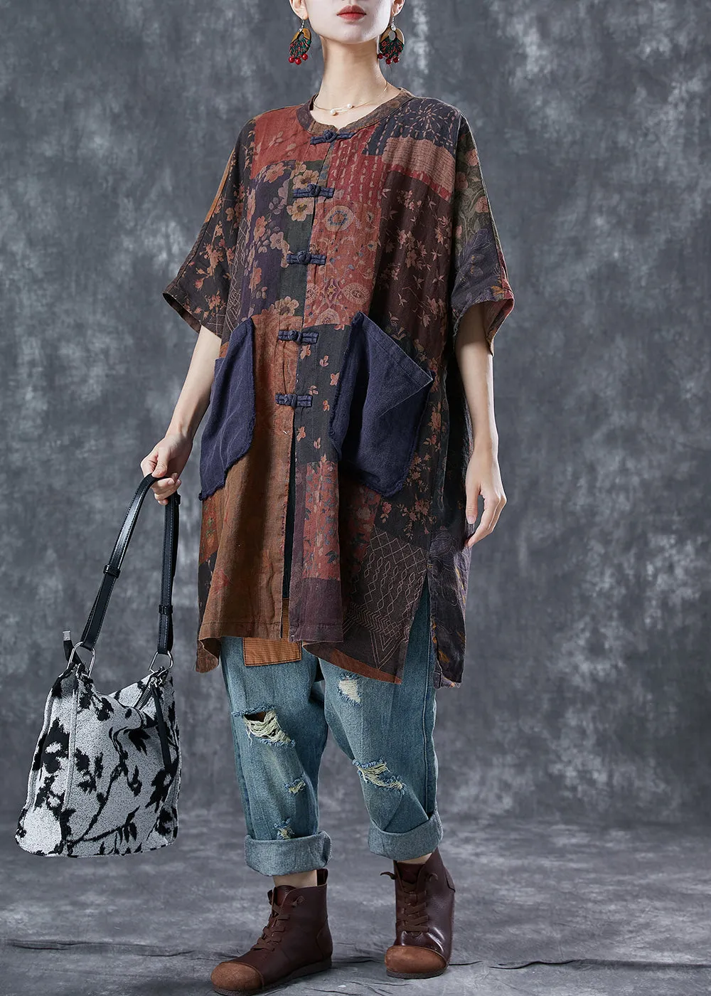 Art Print Chinese Button Patchwork Pockets Linen Coat Outwear Summer LY5687