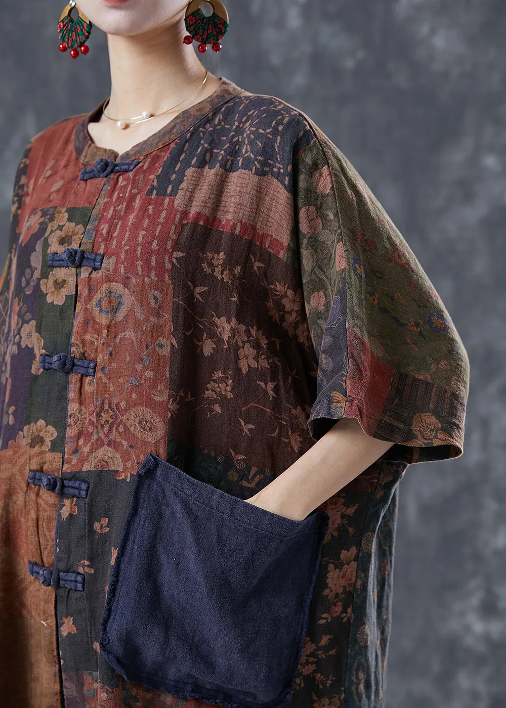 Art Print Chinese Button Patchwork Pockets Linen Coat Outwear Summer LY5687