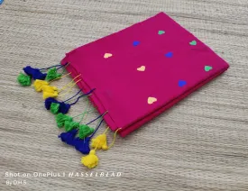 Beautiful Pink With Multicolor Heart Embroidered Overall Soft Khadi Cotton &  Tassels On Pallu Ready To Wear Saree