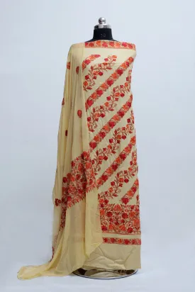 Beige Color Rayon Cotton Kashmiri Aari Work Unstitched Suit Fabric with Dupatta