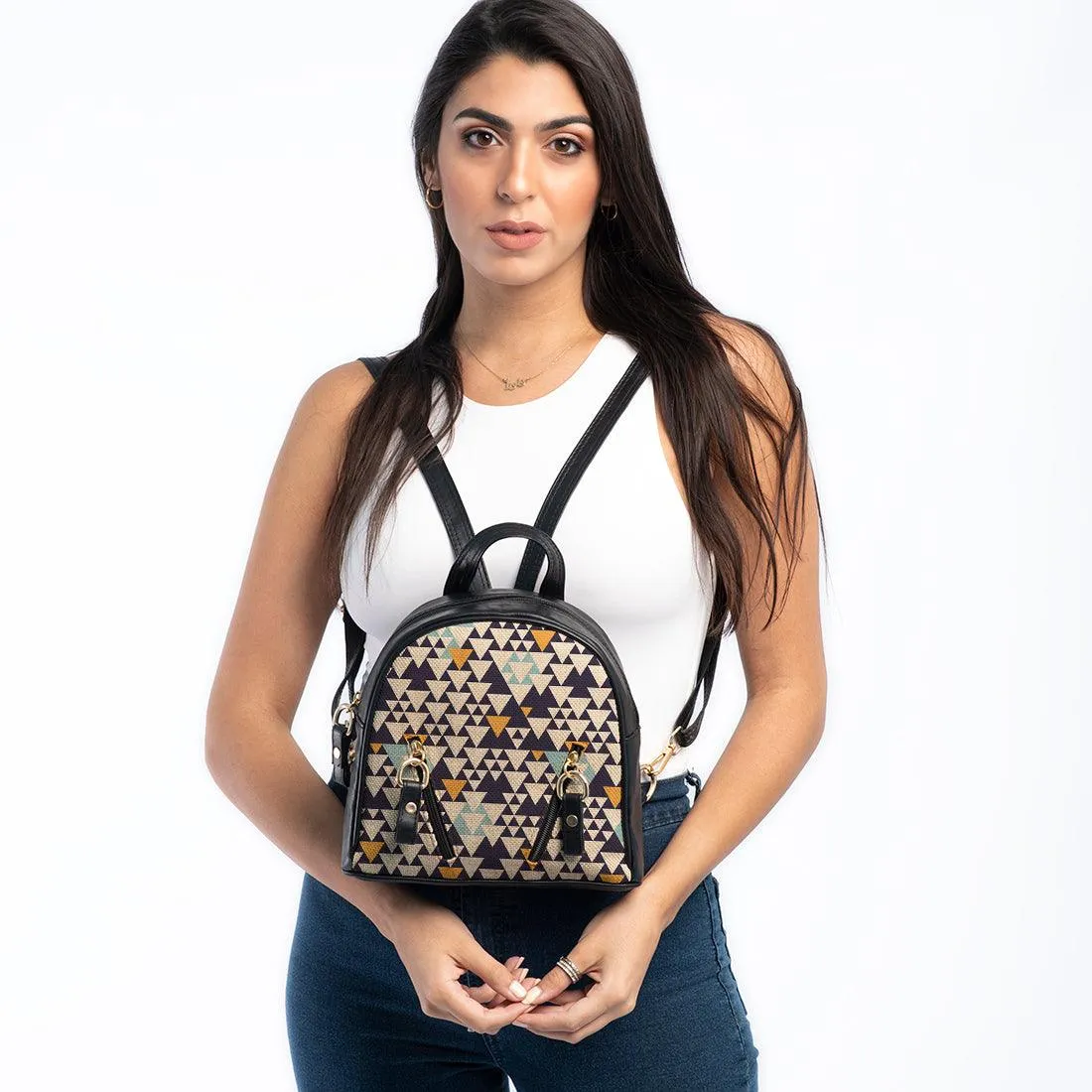 Black Mini Backpack Triangles Pattern