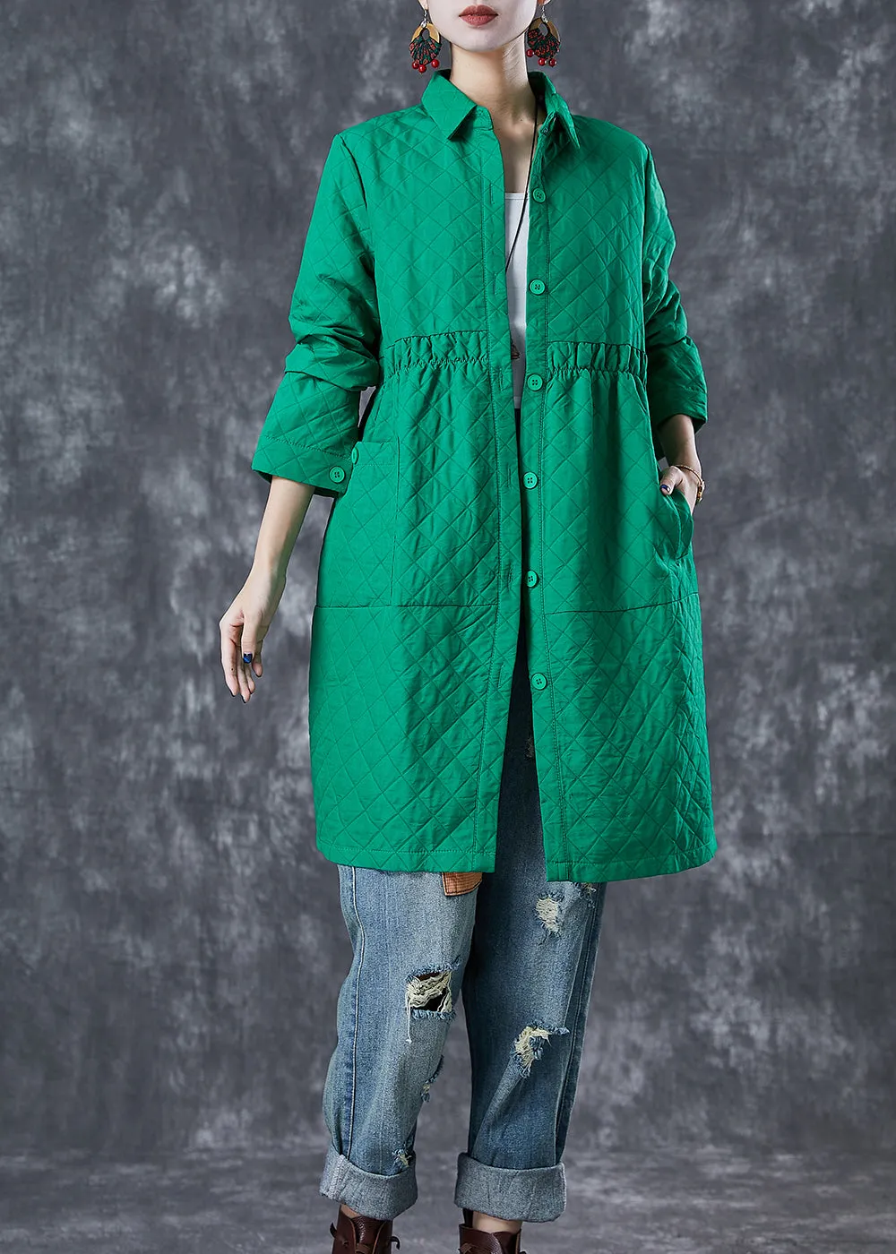Bohemian Green Peter Pan Collar Plaid Cotton Coat Fall ML1830
