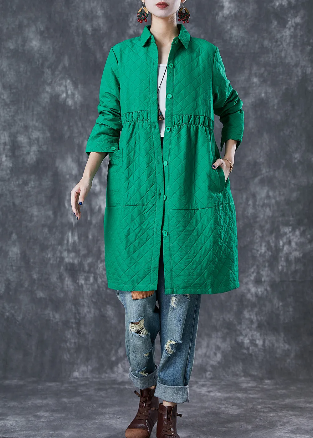 Bohemian Green Peter Pan Collar Plaid Cotton Coat Fall ML1830