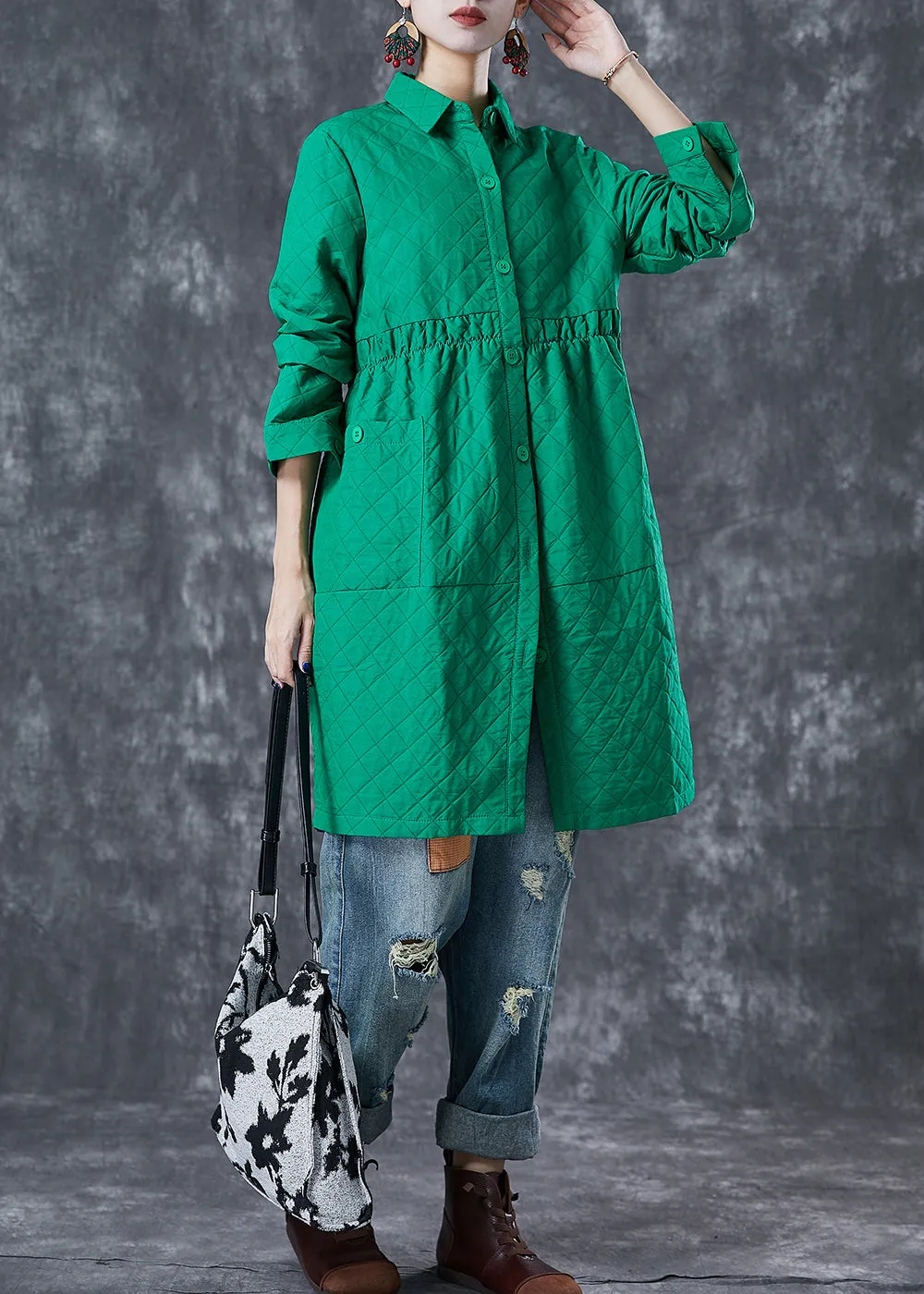 Bohemian Green Peter Pan Collar Plaid Cotton Coat Fall ML1830