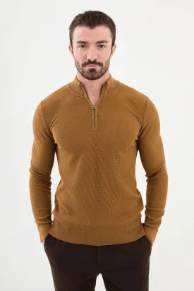 Brabion Marco Textured Slim Fit Zippered Half Turtleneck Camel Knitwear Sweater
