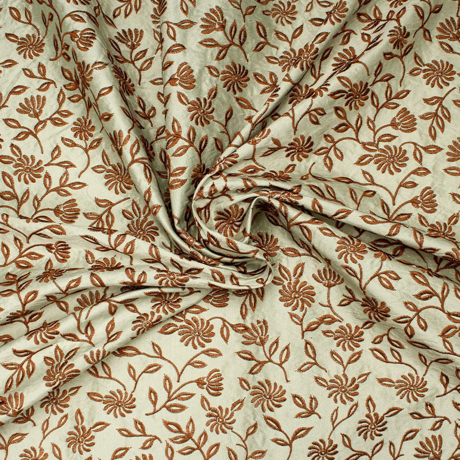 Brown Floral Embroidered Sage Green Silk Shantung