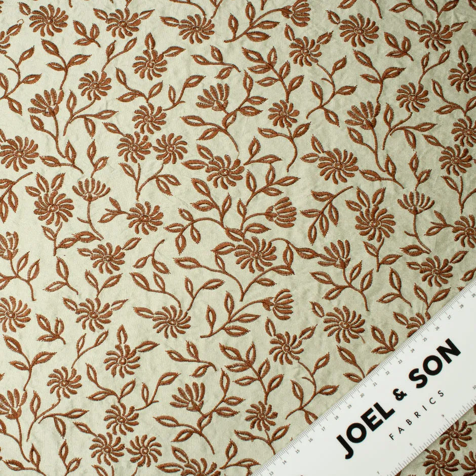 Brown Floral Embroidered Sage Green Silk Shantung