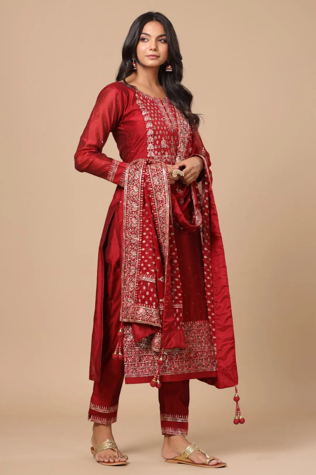 Cardinal Red Resham Embroidered Straight Cut Salwar Suit