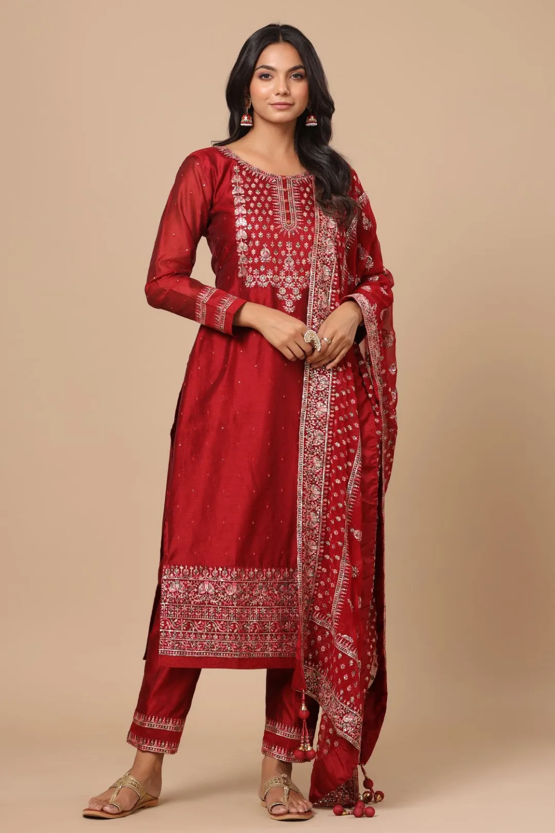 Cardinal Red Resham Embroidered Straight Cut Salwar Suit