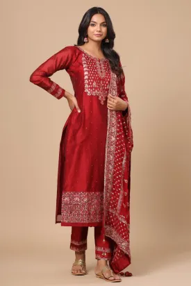 Cardinal Red Resham Embroidered Straight Cut Salwar Suit