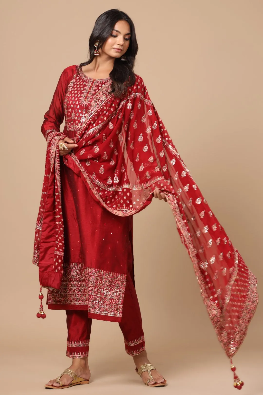 Cardinal Red Resham Embroidered Straight Cut Salwar Suit
