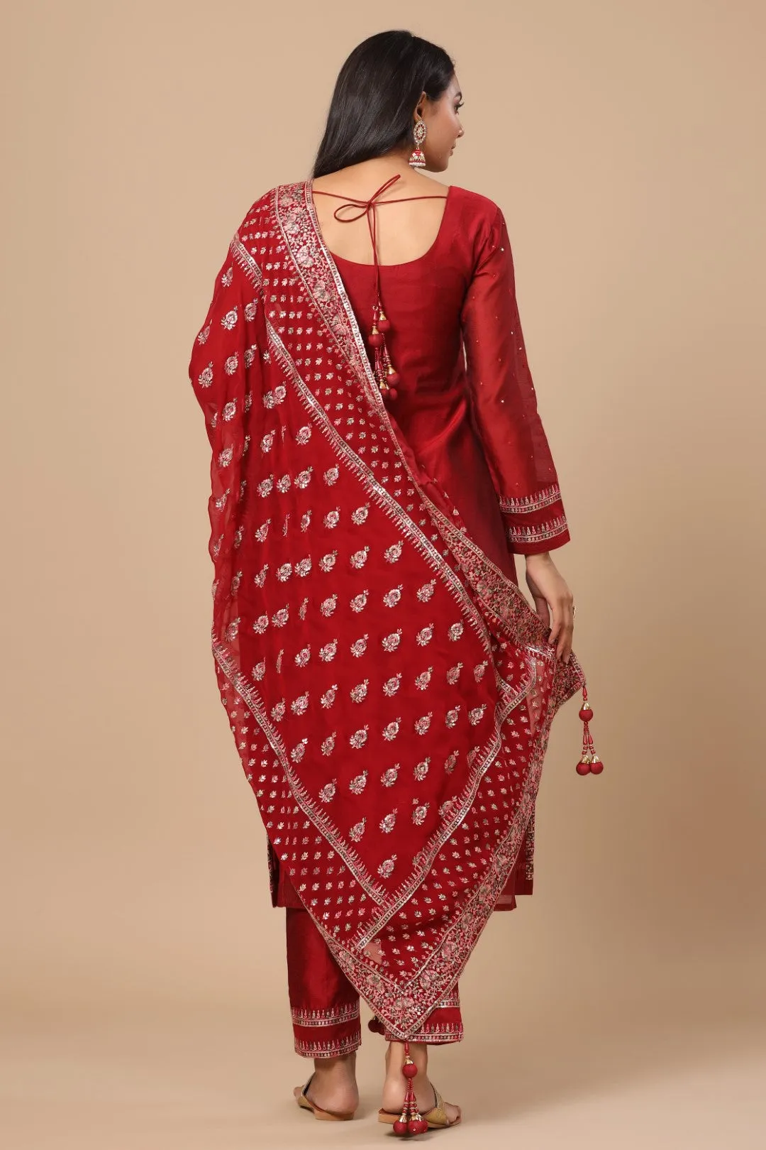 Cardinal Red Resham Embroidered Straight Cut Salwar Suit