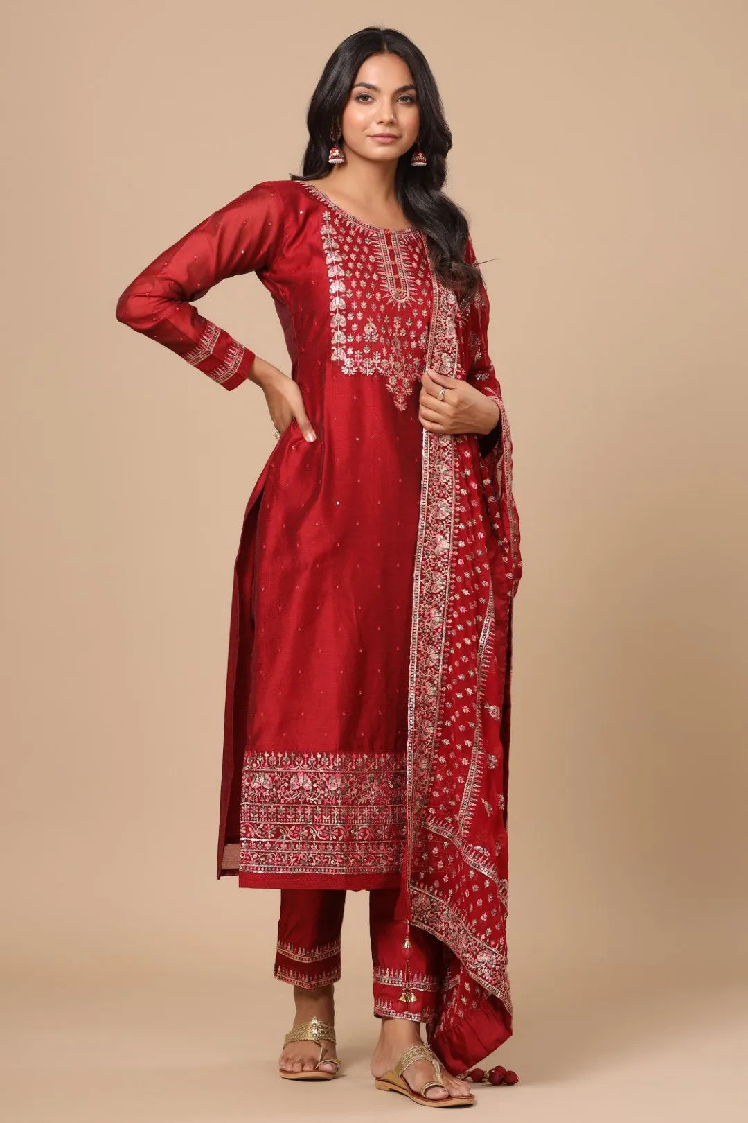 Cardinal Red Resham Embroidered Straight Cut Salwar Suit