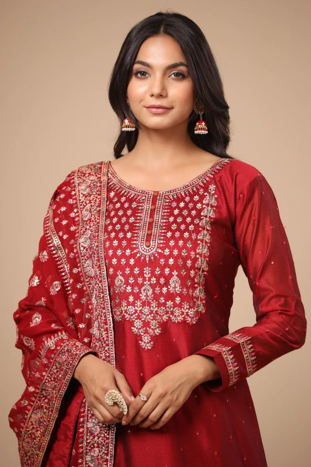 Cardinal Red Resham Embroidered Straight Cut Salwar Suit