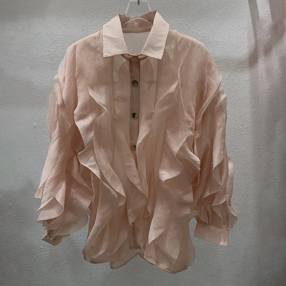 Casual White Straight Shirt For Women Lapel Long Sleeve Ruched Solid Blouses Female Spring Clothing Style