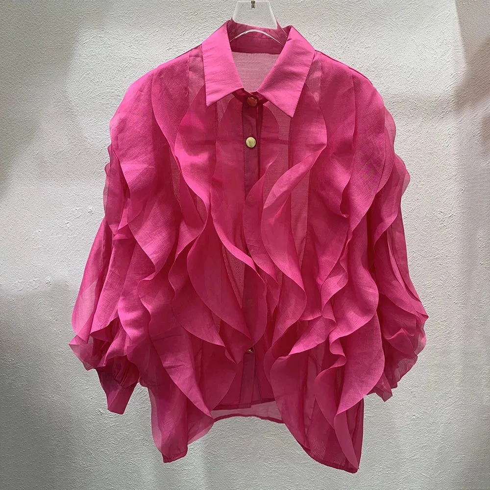 Casual White Straight Shirt For Women Lapel Long Sleeve Ruched Solid Blouses Female Spring Clothing Style