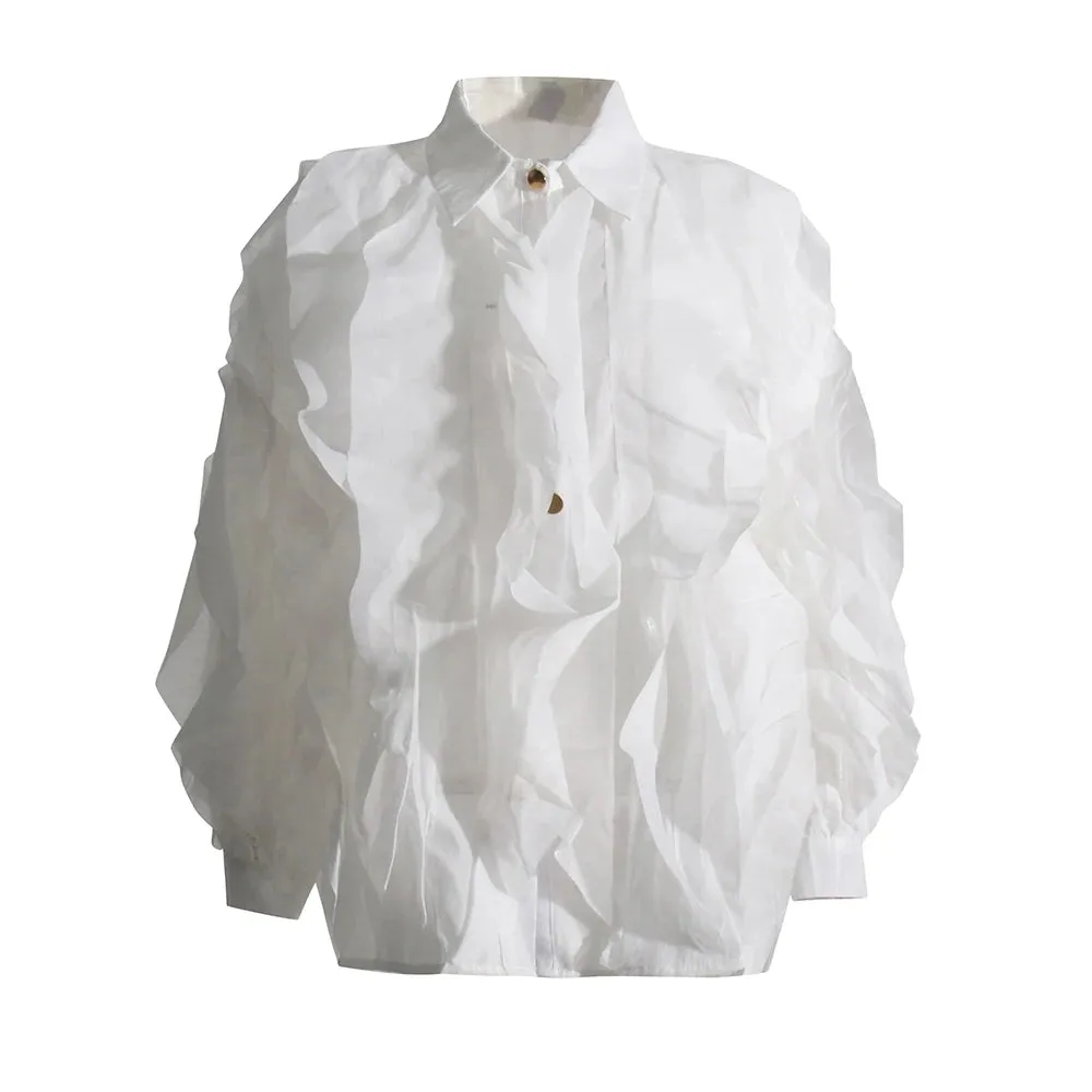 Casual White Straight Shirt For Women Lapel Long Sleeve Ruched Solid Blouses Female Spring Clothing Style