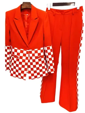Checkered Block Blazer, Flare Pants Suit
