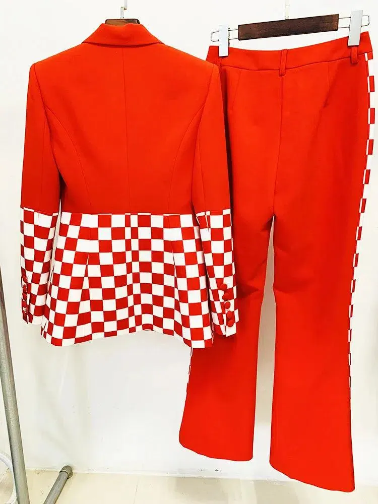 Checkered Block Blazer, Flare Pants Suit