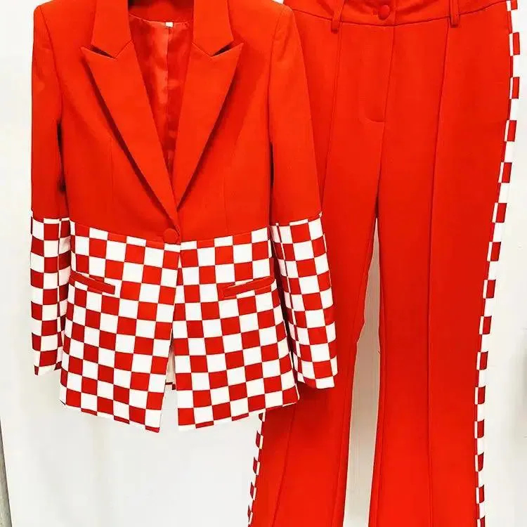 Checkered Block Blazer, Flare Pants Suit