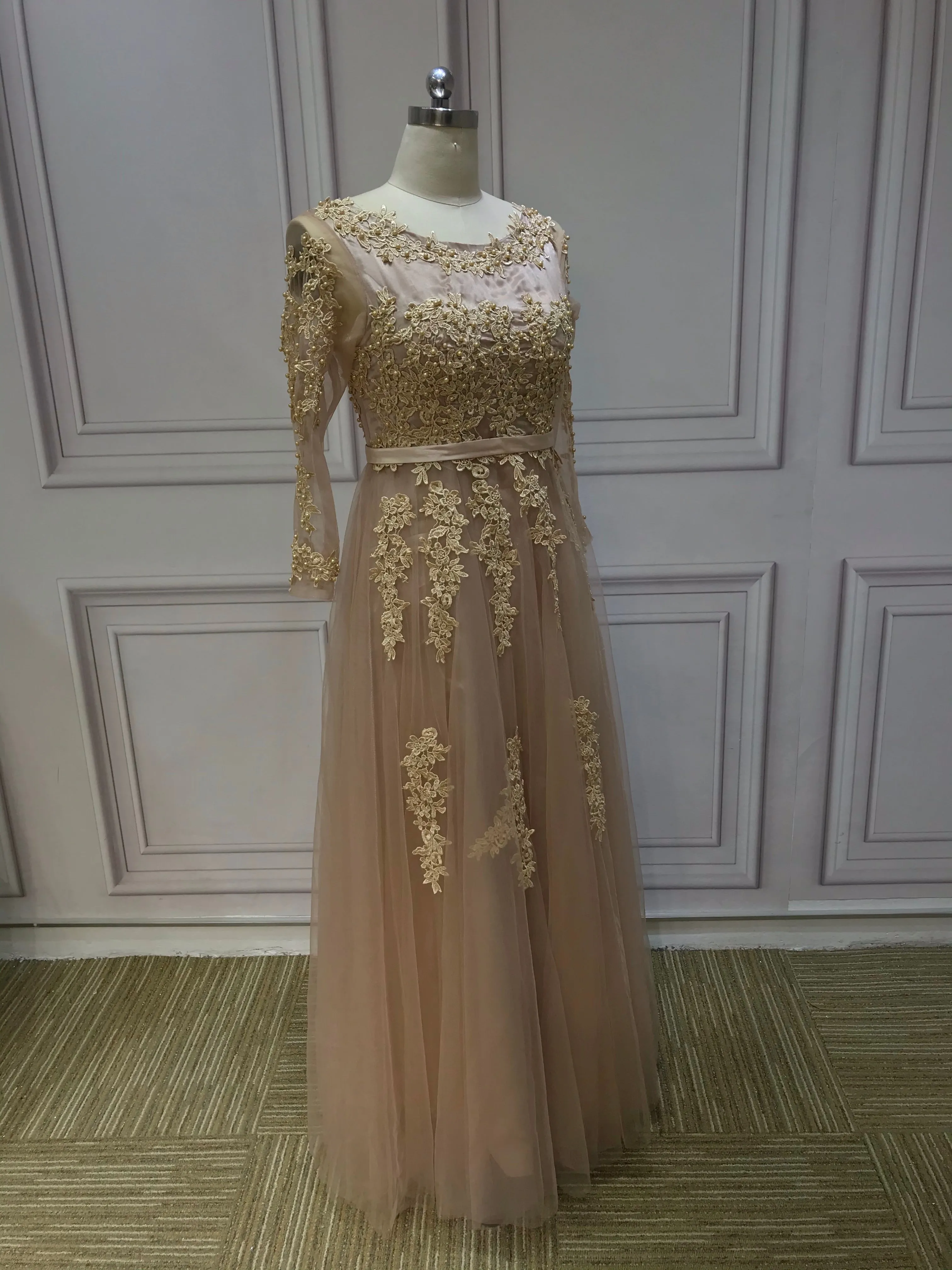 Chic champagne nude lace appliques pearls beaded tulle semi formal graduation dresses 2021#112211