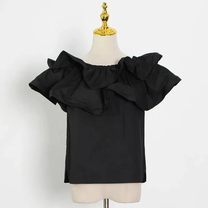 Chic Patchwork Ruffle Shirt For Women Slash Neck Short Sleeve Casual Green Blouse Female Fashion Clothing