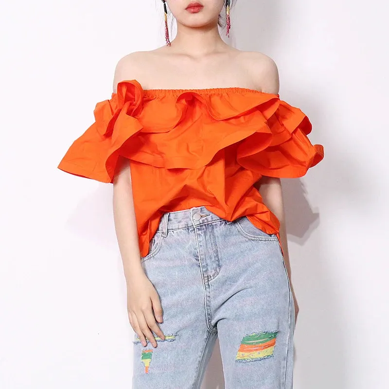 Chic Patchwork Ruffle Shirt For Women Slash Neck Short Sleeve Casual Green Blouse Female Fashion Clothing
