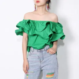Chic Patchwork Ruffle Shirt For Women Slash Neck Short Sleeve Casual Green Blouse Female Fashion Clothing