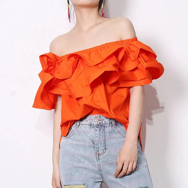 Chic Patchwork Ruffle Shirt For Women Slash Neck Short Sleeve Casual Green Blouse Female Fashion Clothing