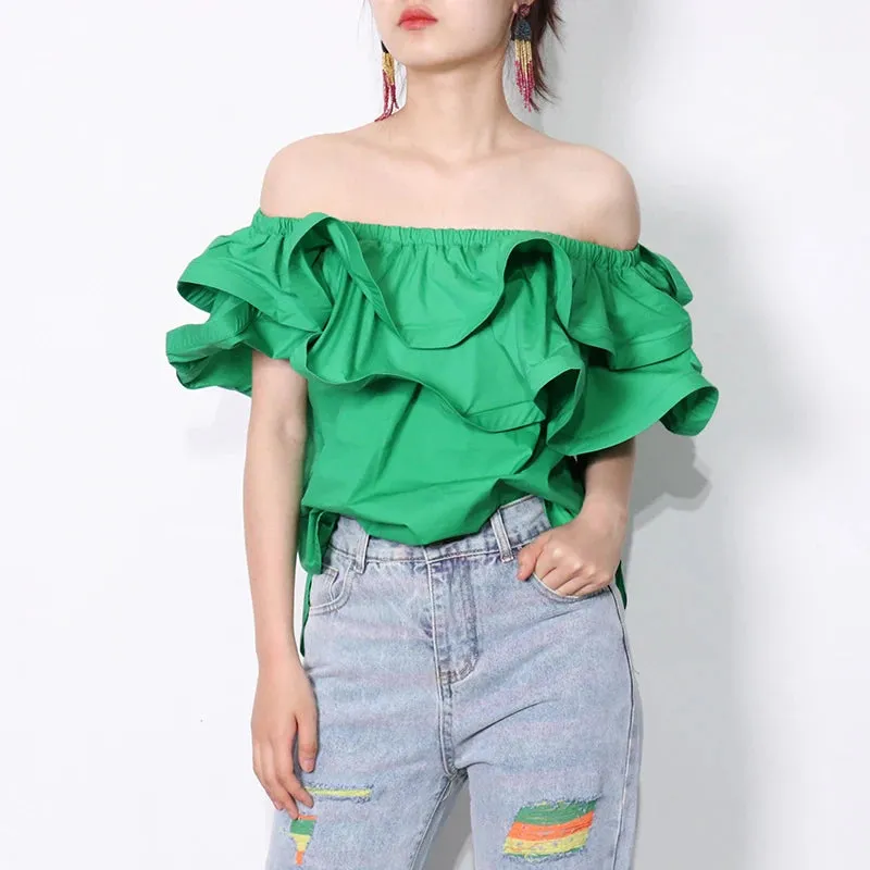 Chic Patchwork Ruffle Shirt For Women Slash Neck Short Sleeve Casual Green Blouse Female Fashion Clothing