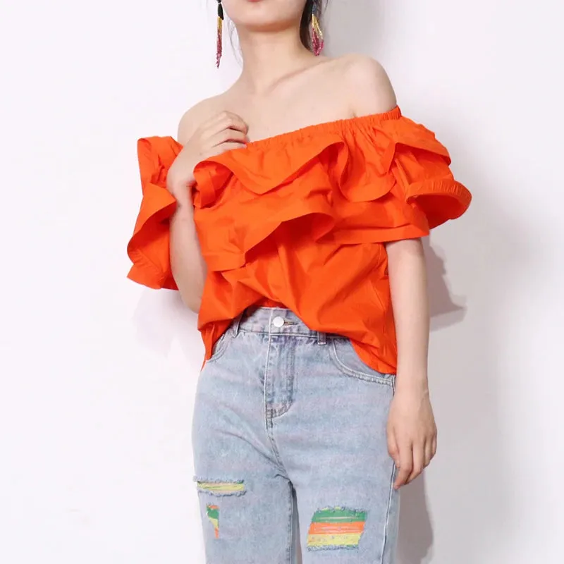 Chic Patchwork Ruffle Shirt For Women Slash Neck Short Sleeve Casual Green Blouse Female Fashion Clothing