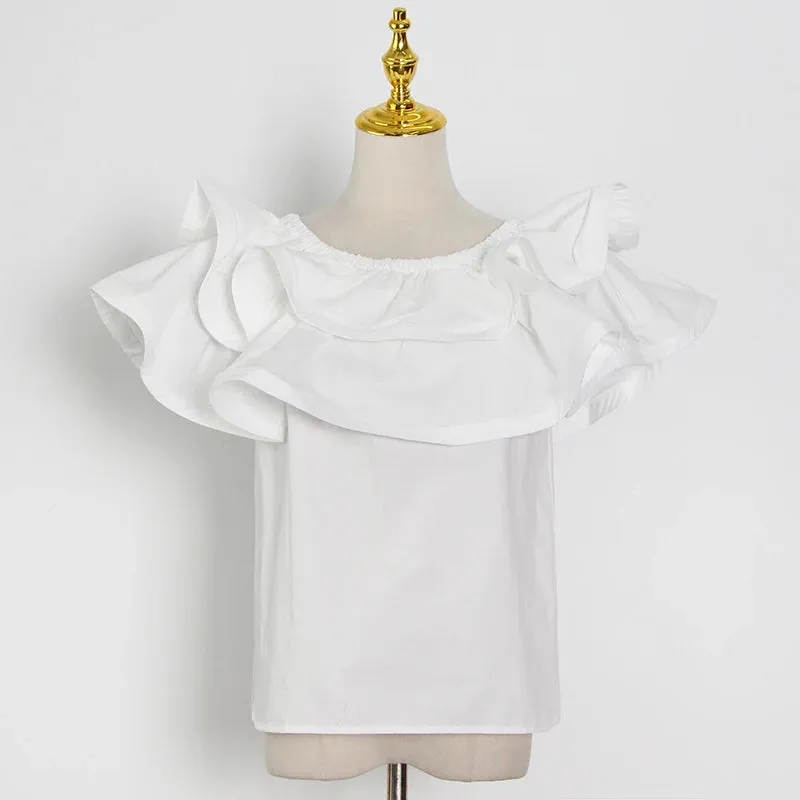 Chic Patchwork Ruffle Shirt For Women Slash Neck Short Sleeve Casual Green Blouse Female Fashion Clothing