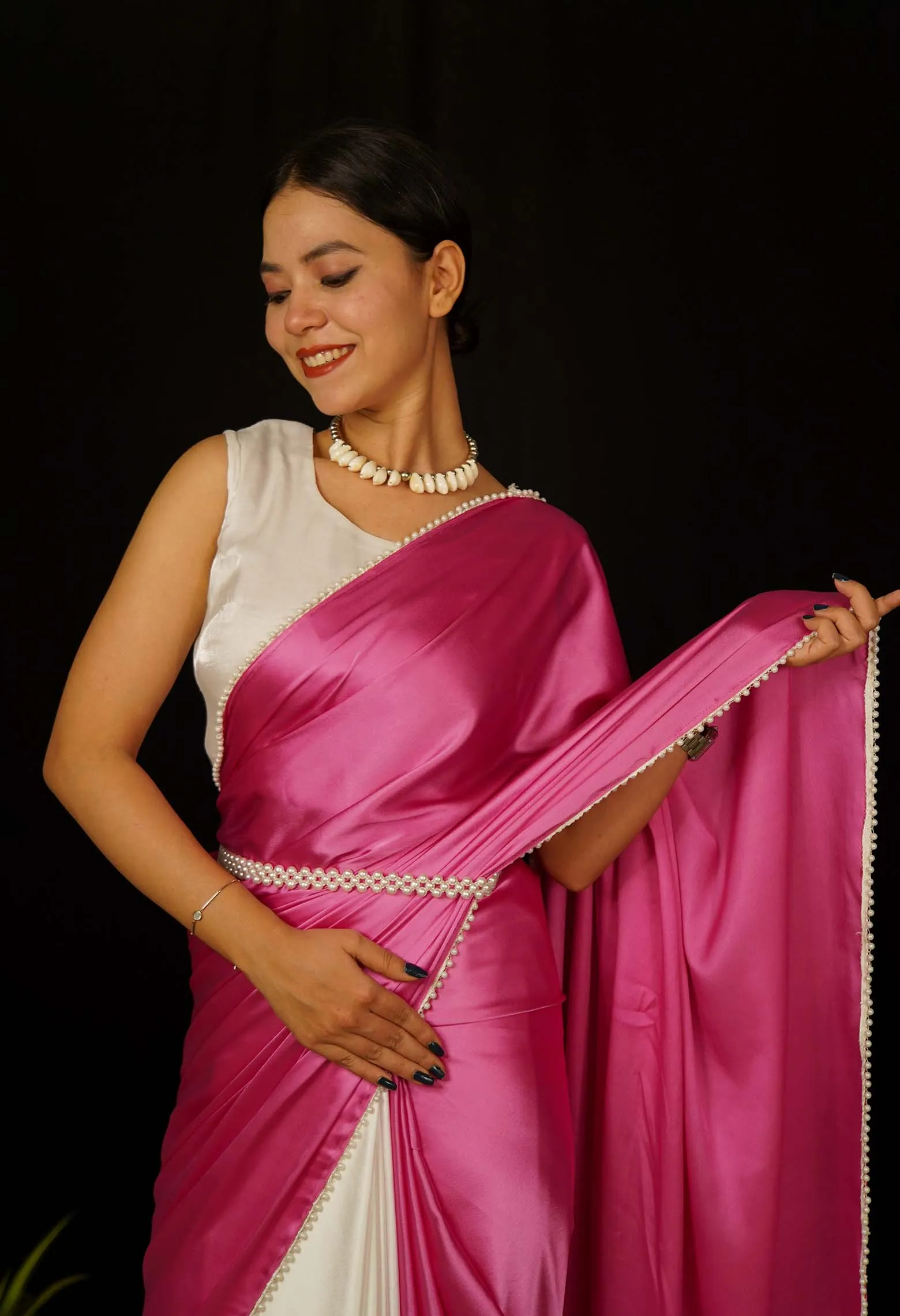 Contrast Pink and White  Satin Half And Half  With White Moti Lace Wrap in 1 Minute Saree