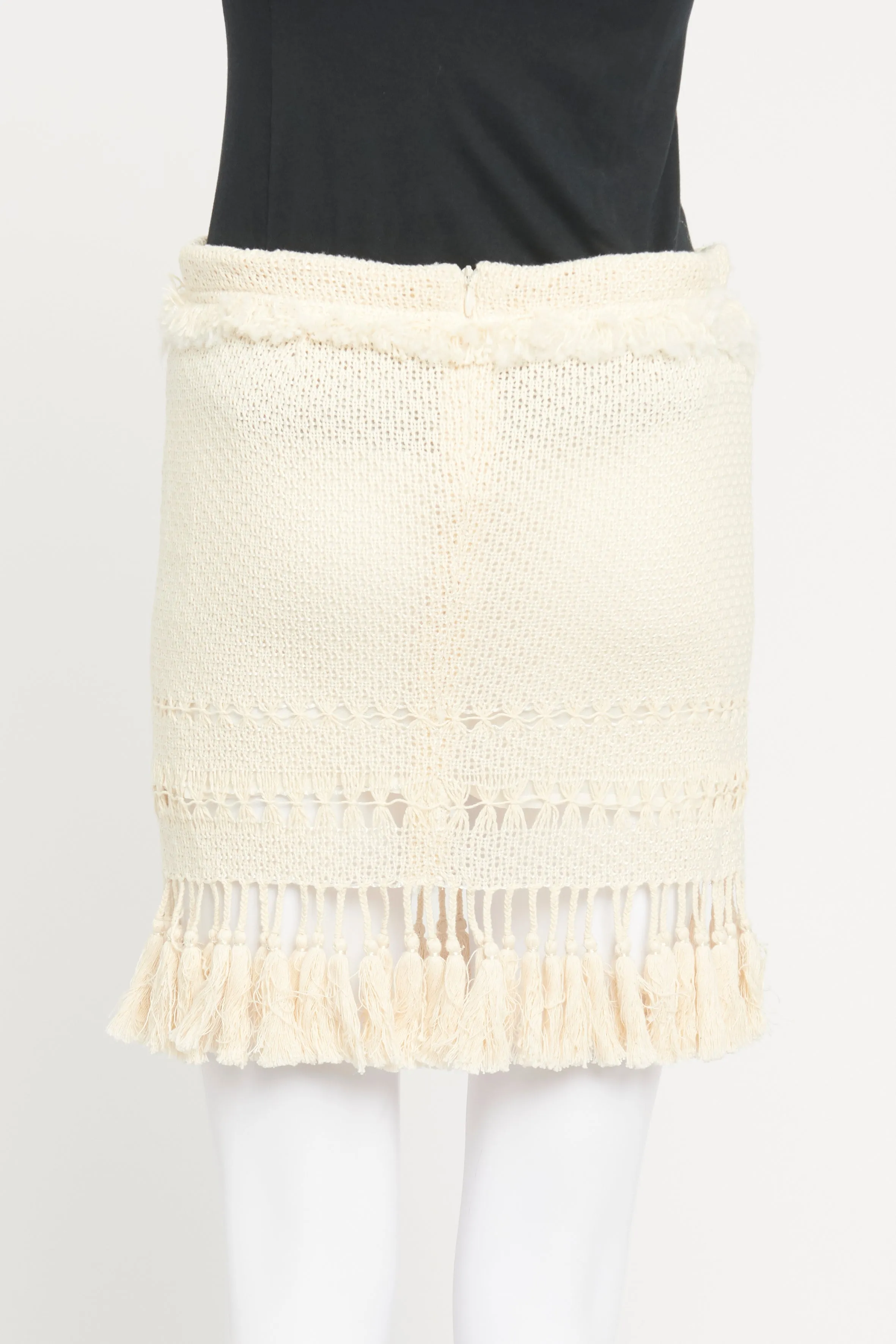 Cream Knit Preowned Skirt With Tassel Trim