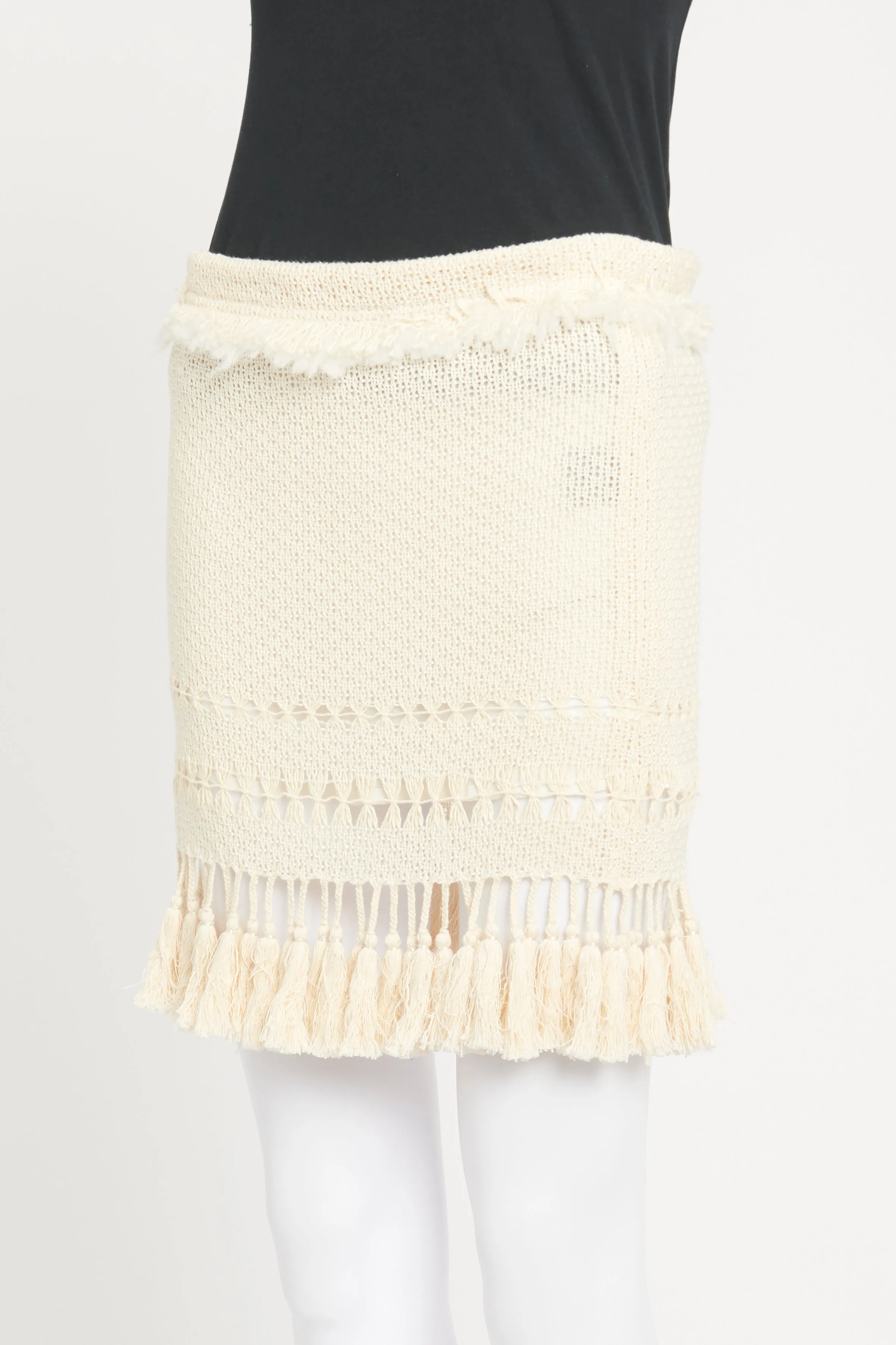 Cream Knit Preowned Skirt With Tassel Trim