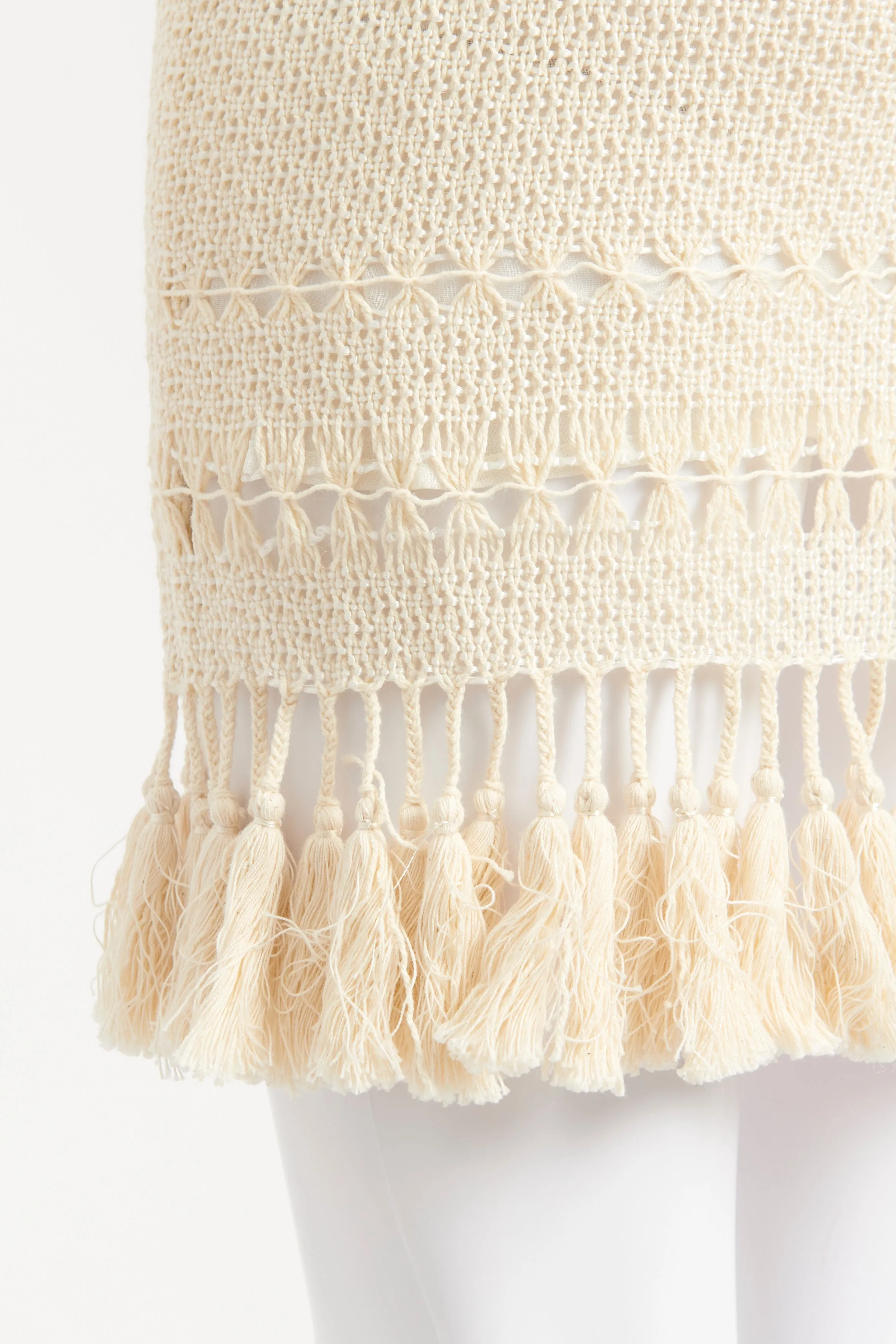 Cream Knit Preowned Skirt With Tassel Trim