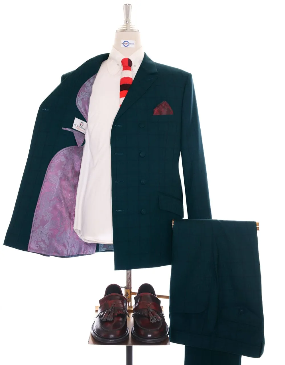 Dark Sea Green Windowpane Check Double Breasted Suit