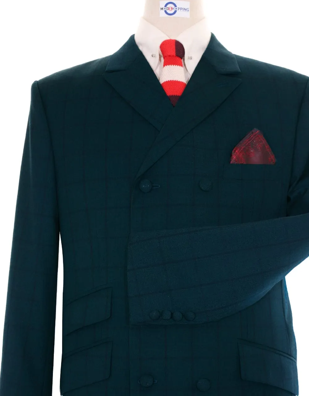 Dark Sea Green Windowpane Check Double Breasted Suit