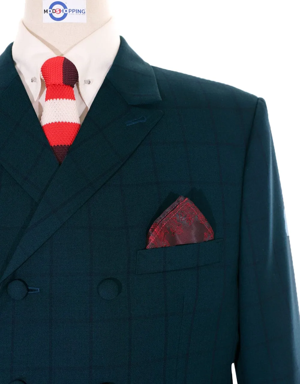 Dark Sea Green Windowpane Check Double Breasted Suit