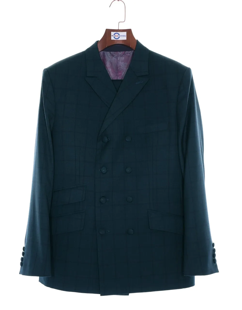 Dark Sea Green Windowpane Check Double Breasted Suit