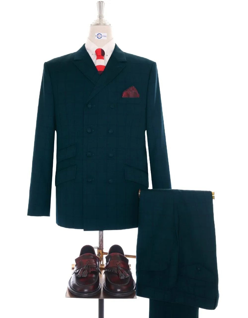 Dark Sea Green Windowpane Check Double Breasted Suit